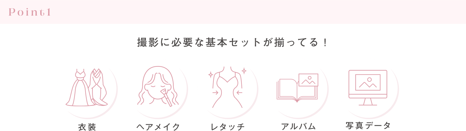 Point1 撮影に必要な基本セットが揃ってる！　衣装　ヘアメイク　レタッチ　アルバム　写真データ